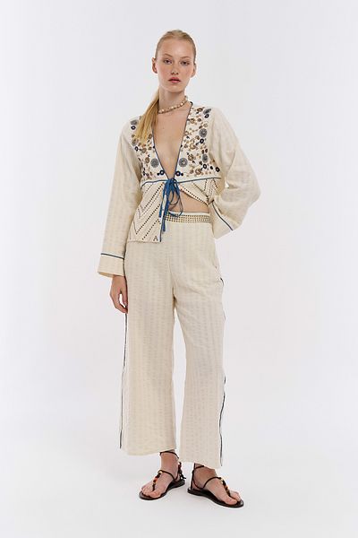 Quzu Natural Troc Detailed Stripe Trousers