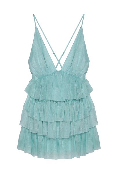Quzu Mint Colored Glittery Mini Dress - Ruffle Low-cut Detail