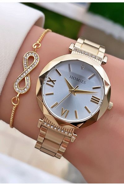 Homies Brand Gold Color Waterproof Women's Wristwatch - With Bracelet Gift