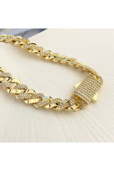 Kyver Gourmet Bracelet Full Round Zircon Stone Thick Chain Steel Tarnish Free Xuping 14K Gold 20cm