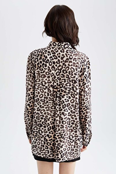 DeFacto Koszula-tunika z długim rękawem i nadrukiem w panterkę, luźna - T0609Az22Sm