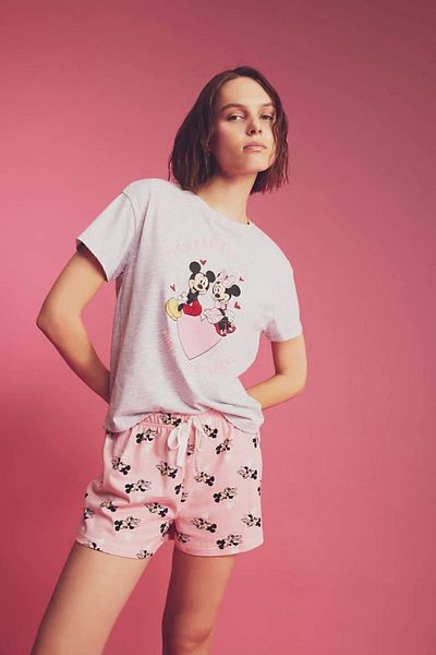 DeFacto Fall In Love Disney Mickey & Minnie Short Sleeve Shorts Pajama Set B3650axpn149