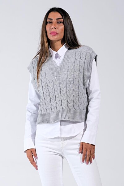 Keyifli Moda Kadın Gri V Yaka Crop Saç Örgü Triko Süveter