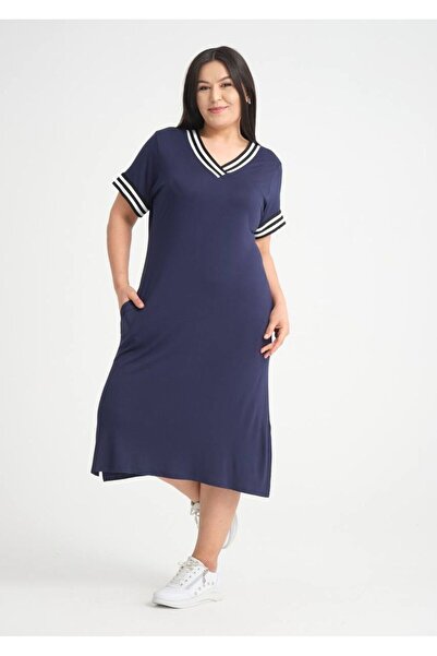 Rosidam Rochie de mărime mare, cu dungi, bumbac, lycra, albastru bleumarin