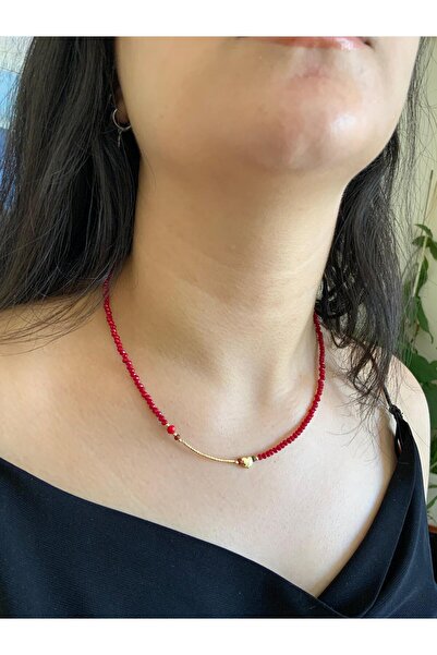 azra takı tasarım قلادة نسائية قصيرة على شكل قلب أحمر - صناعة يدوية