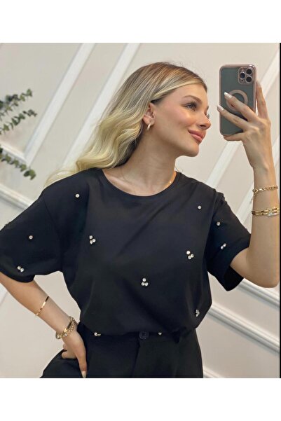 DUSOHOME Πέτρινο κεντημένο μαύρο κοντομάνικο μπλουζάκι