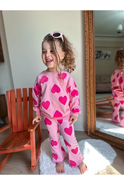 TİJK Heart Patterned Girl's Ribbed Spanish Leg Tracksuit Set