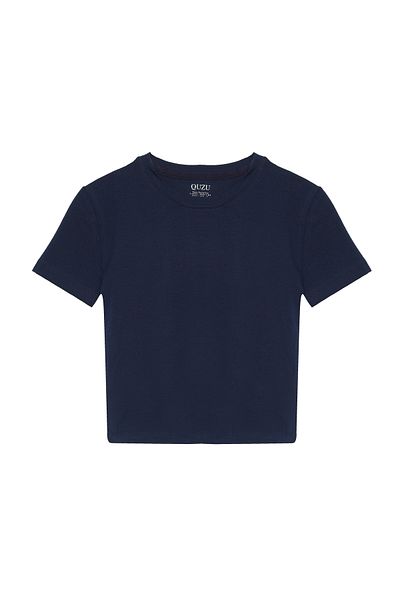Quzu Navy Blue Basic Crop Short Sleeve T-Shirt