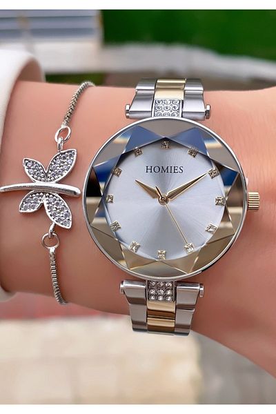 Homies Yellow Silver Colored Waterproof Women's Wristwatch and Bracelet Gift