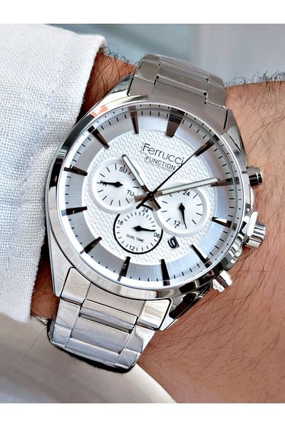 Ferrucci Silver Color Original Functions Active Steel Strap Men's Wristwatch + BRACELET WITH GIFT