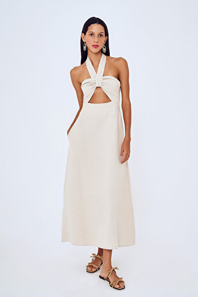 Quzu Dekolteli Straplez Keten Elbise Naturel