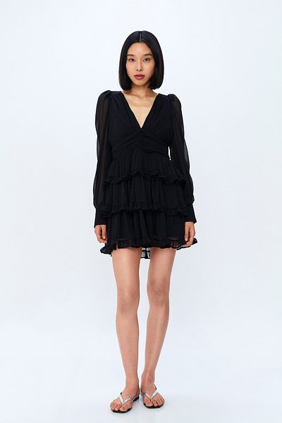 Quzu Rochie mini neagră - Fără spate, mâneci lungi din tul