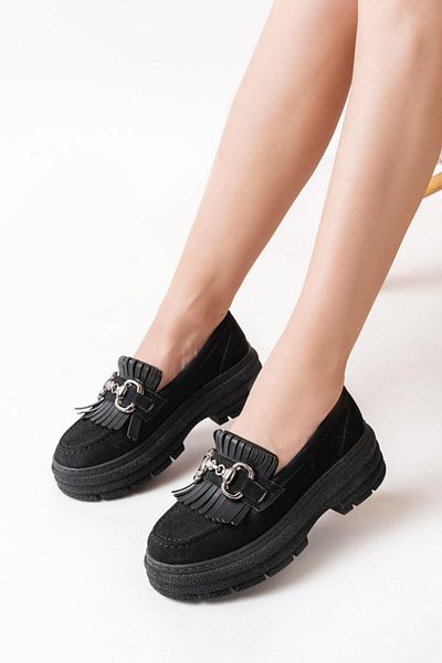 Aymood 749-750 Model Loafer din piele intoarsa neagra cu talpa inalta - Pantofi casual cu catarama