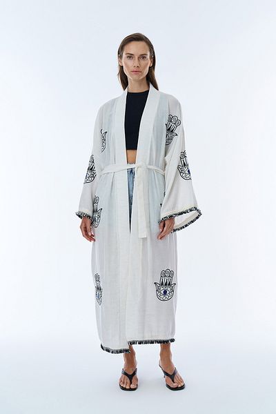 Quzu Long Linen Kimono - Embroidery Detailed and Natural