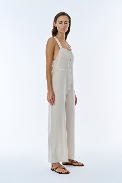 Quzu Düğme Aksesuarlı Keten Uzun Tulum Naturel