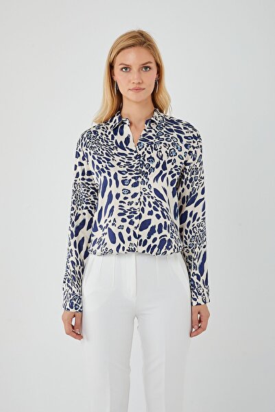 Mixray 4477 Model Women's Satin Shirt - Navy Blue Leopard Pattern