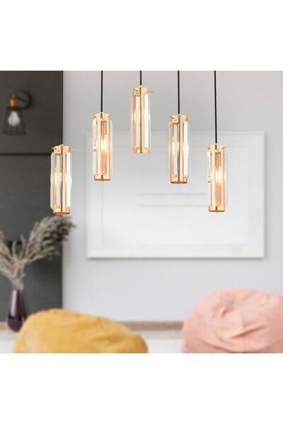 Apliqa NATALİ 5Lİ SIRALI BAKIR SARKIT SALON- YEMEK MASASI AVİZE