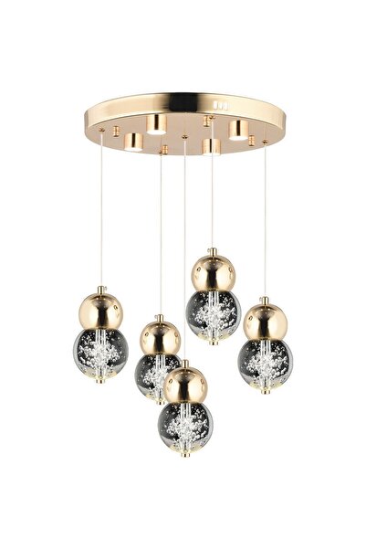 Apliqa Sasha 5'li Yuvarlak 3 Renkli 57 Watt Gold Kristal Ledli Modern Oturma Odası Salon Sarkıt Avize
