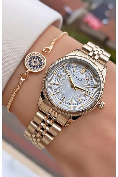 Homies Brand Gold Color Waterproof Women's Wristwatch - With Bracelet Gift