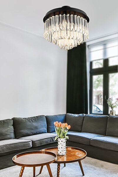 Apliqa Nilay Siyah Kristalli Taşlı Modern Tasarım Kristal Salon Avize