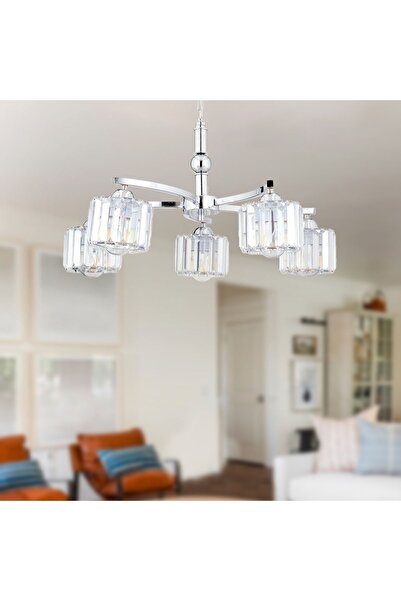 Apliqa Amir 5 Kollu Krom Kaplama Kristalli Taşlı Modern Tasarım Kristal Salon Avize