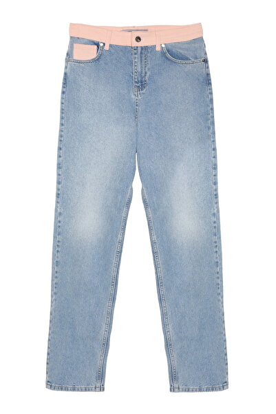 Quzu Renkli Bel Detaylı Geniş Paça Kot Pantolon Mavi