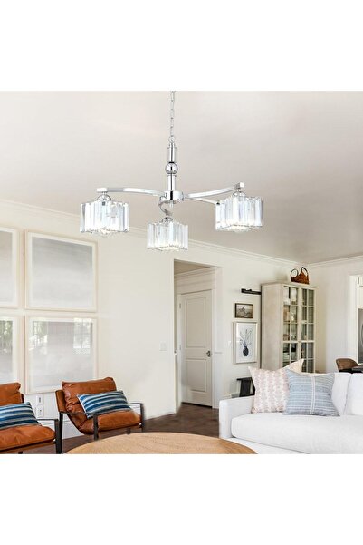 Apliqa Rima 3 Kollu Krom Kaplama Kristalli Taşlı Modern Tasarım Salon-Yatak Odası Kristal Salon Avize