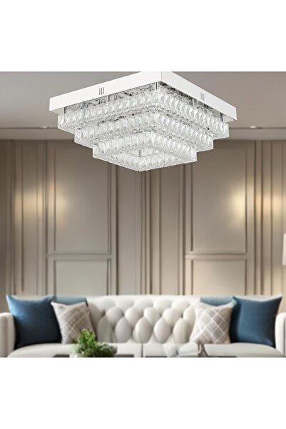 Apliqa Modina 3 Katlı Krom Ledli 3 Renkli 120 Watt Kristalli Taşlı Modern Tasarım Led Kristal Salon Avize