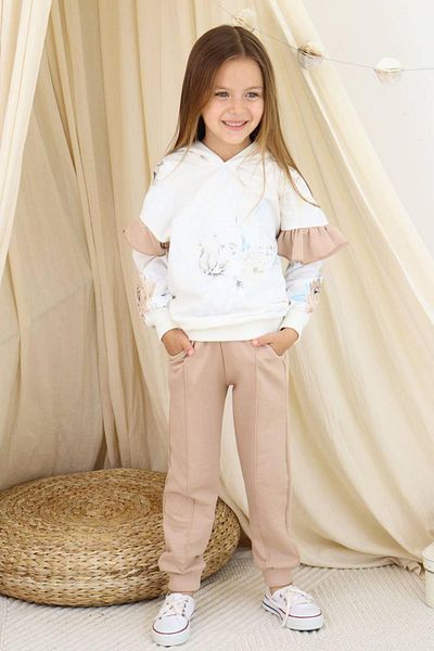 Riccotarz Beige Girl's Tracksuit Set - Ruffle Closure, Rose Flower Printed Hoodie