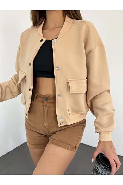 MsLena Butik Γυναικείο μπουφάν Camel Bomber - Crew Neck, ύφασμα κατάδυσης, κλείσιμο με κούμπωμα και λεπτομέρεια τσέπης