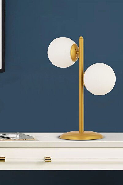 Apliqa Siena 2Li Gold Boyalı Beyaz Camlı Masa Lambası Modern Tasarım -Yatak Odası-Salon Abajur