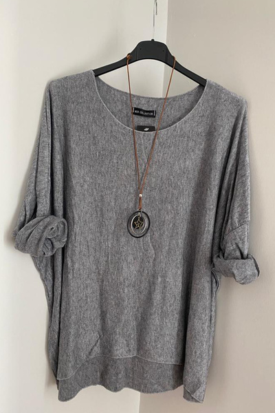 AYASOFYA OTANTIK Bluză casual din tricot pentru femei, gri italian, cu accesorii pentru colier