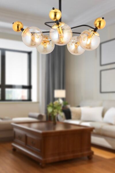 Apliqa Florit 5'li Siyah Gold Modern Oturma Odası Salon Avize