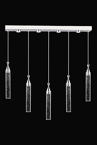 Apliqa Klaus 5'li Sıralı 3 Renkli 75 Watt Krom Kristal Ledli Modern Oturma Odası Salon Sarkıt Avize