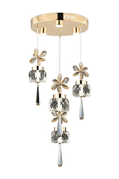 Apliqa Amaris 4'lü Yuvarlak 3 Renkli 52 Watt Gold Kelebek Led Kristal Modern Oturma Odası Salon Avize