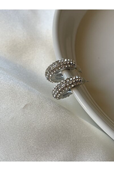 Lavian Accessories Gümüş Renk Zirkon Taşlı Halka Küpe