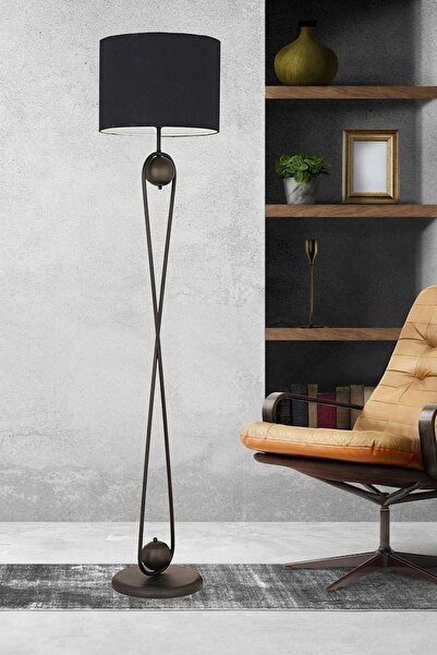 Apliqa Letta Siyah Şapkalı Siyah Modern Tasarım Ayaklı Abajur Lamba Metal Lambader