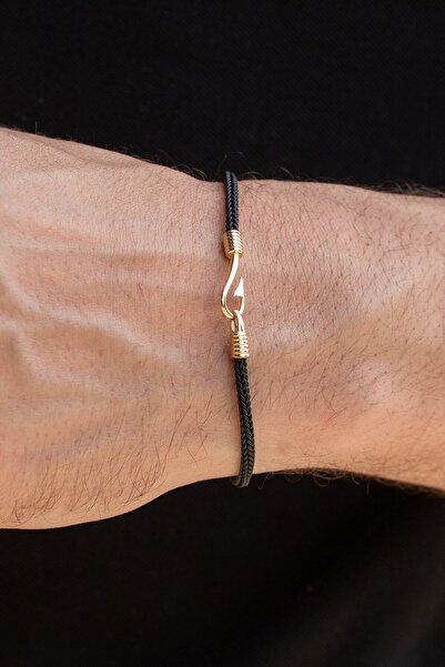 Cenova Jewelry 14 Ayar Altın Siyah Deri Görünümlü Kauçuk Erkek Bileklik