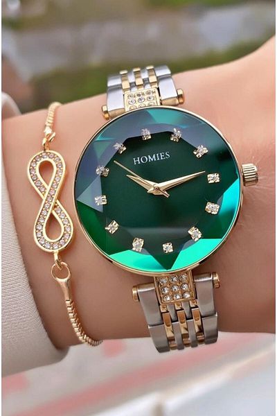 Homies Brand Yellow Silver Color Waterproof Women's Wristwatch - With Bracelet Gift