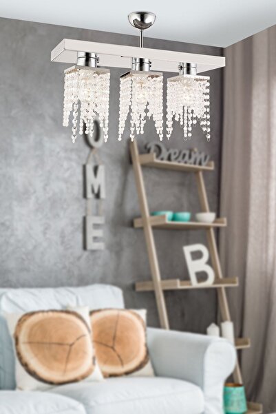 Apliqa Nikola 3Lü Krom Kristalli Taşlı Modern Tasarım Kristal Salon Avize