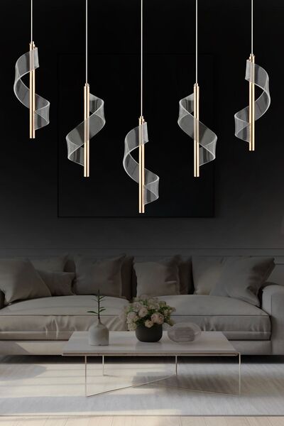 Apliqa Jadon 5'li Sıralı 3 Renkli 40 Watt Gold Kristal Ledli Modern Oturma Odası Salon Sarkıt Avize
