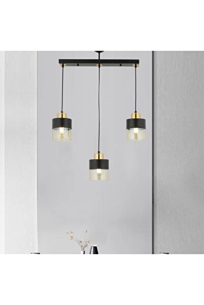 Apliqa Boris 3lü Sıralı Siyah Gold Sarkıt Modern Genç Odası Mutfak Retro Salon Avize