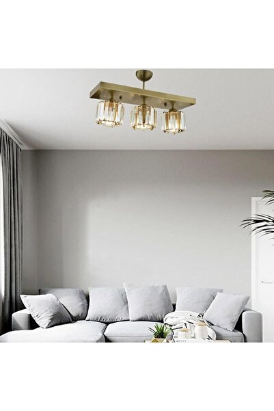 Apliqa Sabrina 3 Lü Sıralı Eskitme Plafonyer Kristalli Taşlı Modern Tasarım Kristal Salon Avize