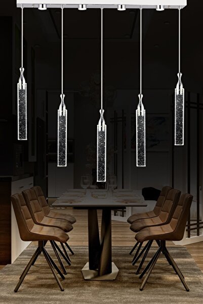 Apliqa Klaus 5'li Sıralı 3 Renkli 75 Watt Krom Kristal Ledli Modern Oturma Odası Salon Sarkıt Avize