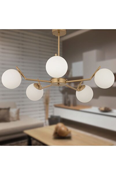 Apliqa Sara 5Li Eskitme Boyalı  Beyaz Camlı Modern Genç Odası Yemek Masası Üstü Salon Avize