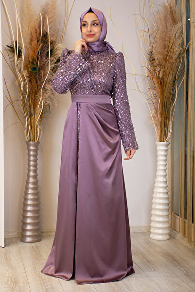 PİENNAR Pullu Drapeli Şehrazat Tesettür Abiye Lila