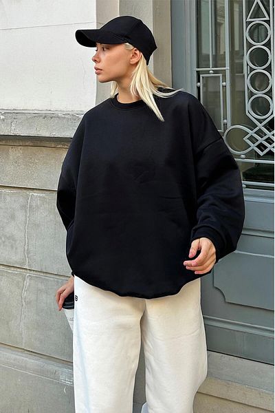 Swist Γυναικείο φούτερ σε μαύρο χρώμα Oversize Basic Crew Neck με Fleece Εσωτερικό