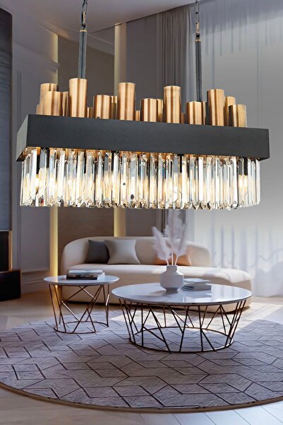 Apliqa Torre Sıralı Eskitme Kristalli, Taşlı Modern Tasarım Yemek Masası Üstü, Kristal Salon Avize