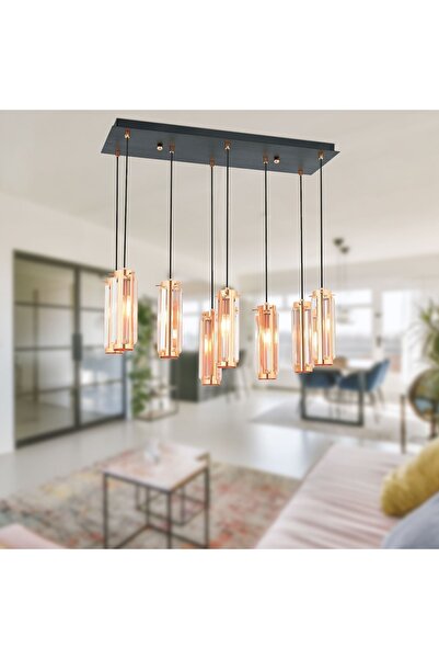 Apliqa NATALİ 8Lİ SIRALI BAKIR SARKIT SALON- YEMEK MASASI AVİZE