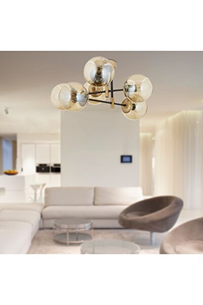 Apliqa Maral 6Lı Siyah Eskitme Bal Camlı Modern Genç Odası Yatak Odası Retro Salon Avize